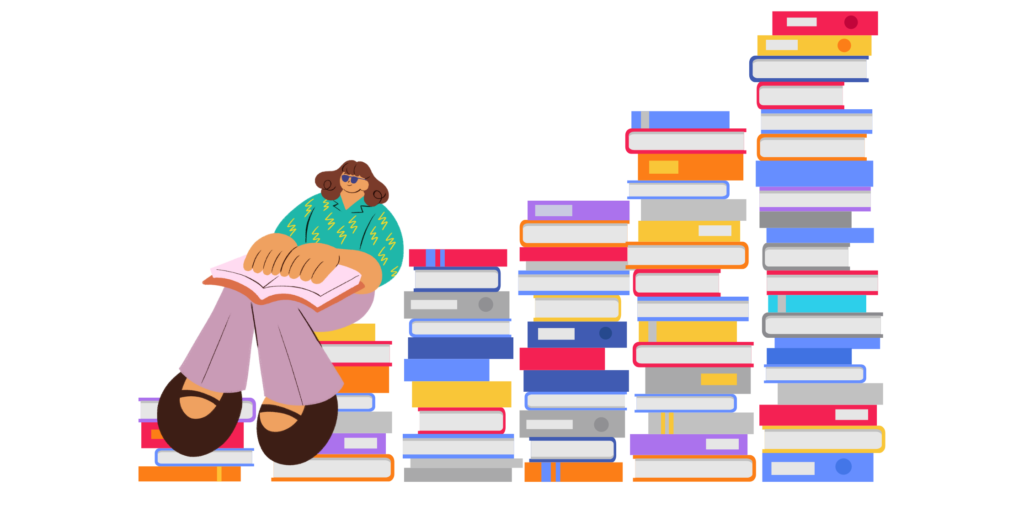 A graphic of a woman sitting on a stack of colorful books, engrossed in reading.